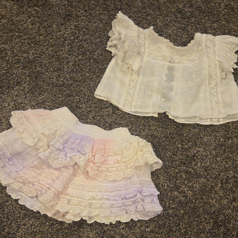 Elegant Lace Top and Skirt Set in White and Pastel